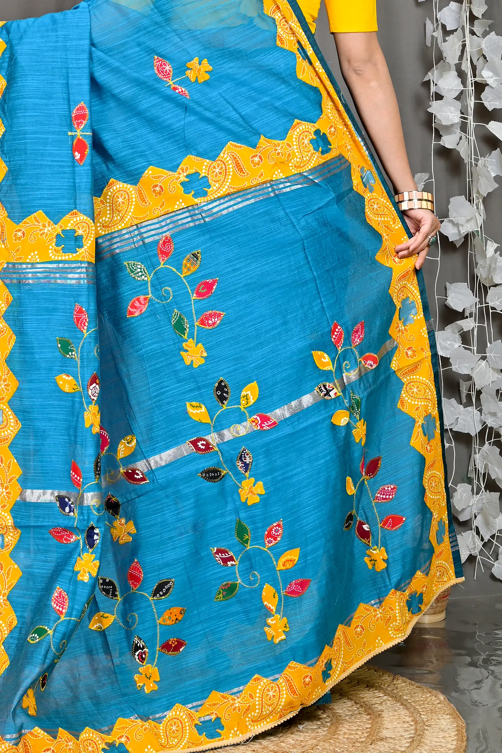 Sky Blue Cotton Blended Parik Applique Saree (331)